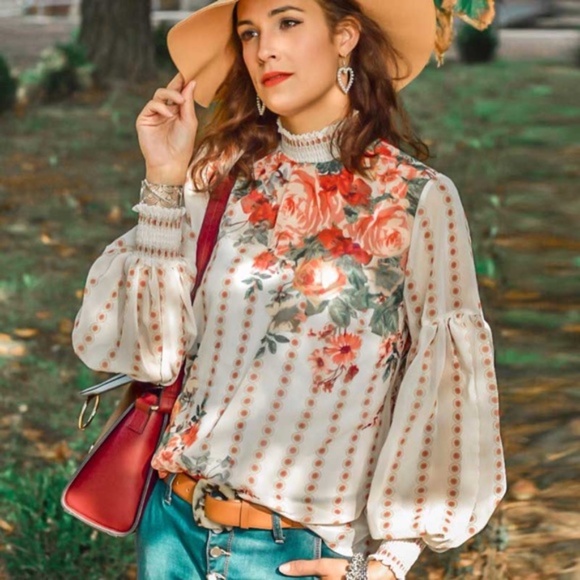 Boho Floral Print dot lantern Sleeve Blouse - Picture 5 of 12